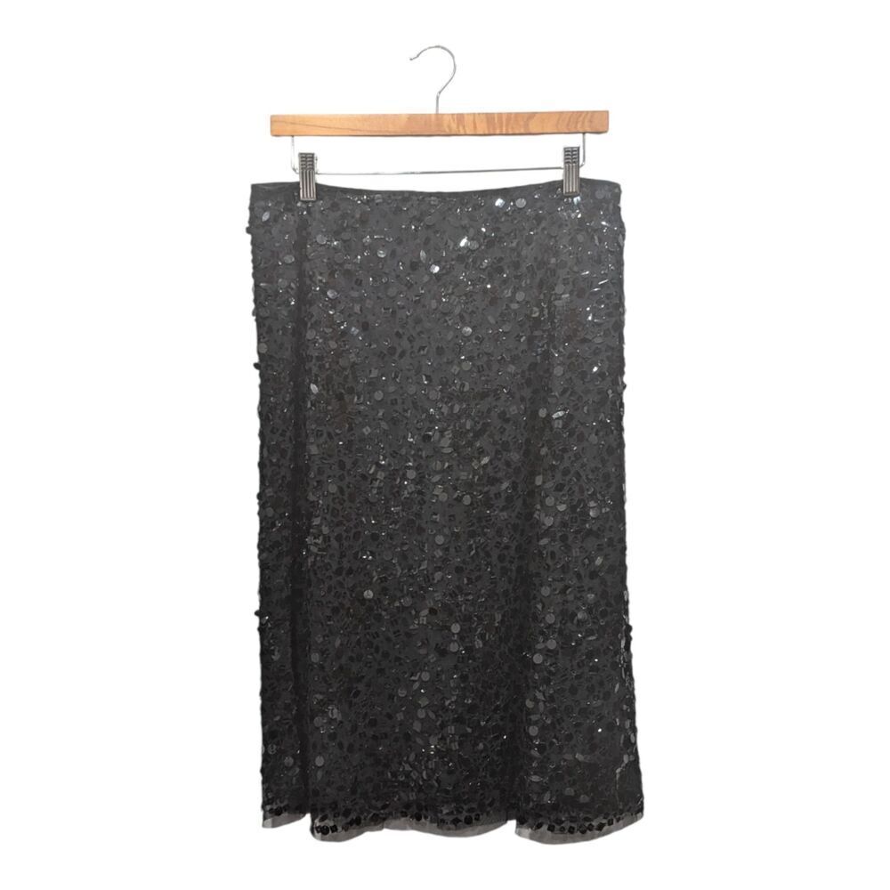 ISDA & Co. Sheer Black Mesh Silk Lined Sequin Midi Skirt, 10